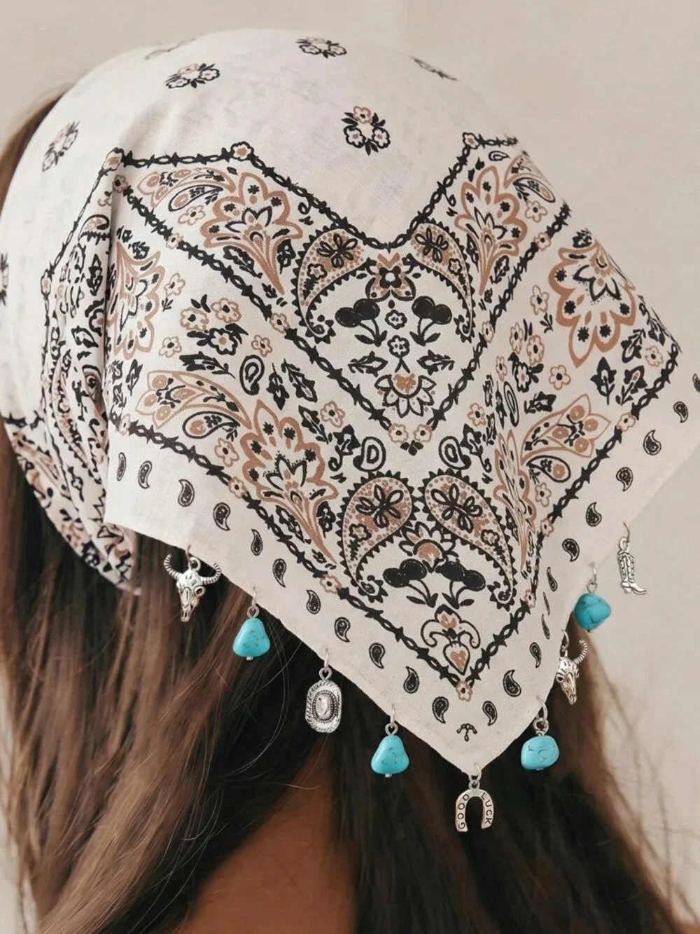 🤍 Western Paisley Cowgirl Charm Bandana 🐂 Turquoise Horseshoe Scarf